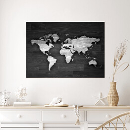 Biało czarna mapa świata na drewnie