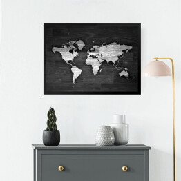 Obraz w ramie Biało czarna mapa świata na drewnie