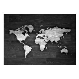 Plakat samoprzylepny Biało czarna mapa świata na drewnie