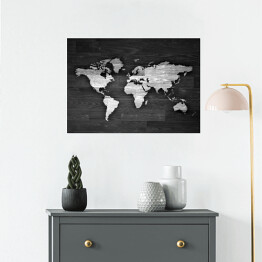 Plakat Biało czarna mapa świata na drewnie