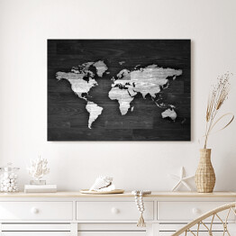 Obraz na płótnie Biało czarna mapa świata na drewnie