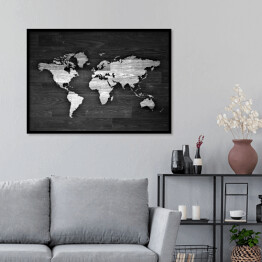 Plakat w ramie Biało czarna mapa świata na drewnie