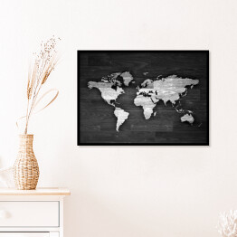 Plakat w ramie Biało czarna mapa świata na drewnie