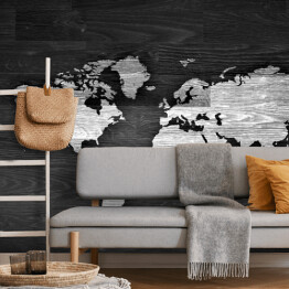 Fototapeta winylowa zmywalna Biało czarna mapa świata na drewnie