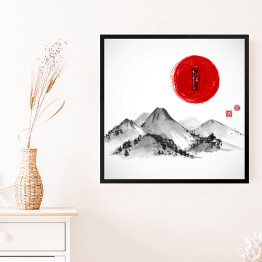 Obraz w ramie Góry i czerwony słońce - ilustracja w japońskim klimacie