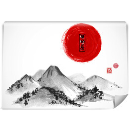 Fototapeta Góry i czerwony słońce - ilustracja w japońskim klimacie