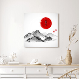 Obraz na płótnie Góry i czerwony słońce - ilustracja w japońskim klimacie