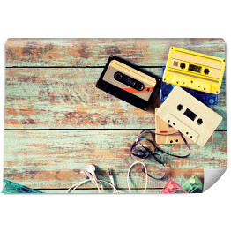 Fototapeta samoprzylepna Widok z góry na kasety magnetofonowe - ilustracja w stylu vintage