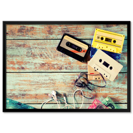 Plakat w ramie Widok z góry na kasety magnetofonowe - ilustracja w stylu vintage