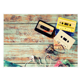 Plakat samoprzylepny Widok z góry na kasety magnetofonowe - ilustracja w stylu vintage