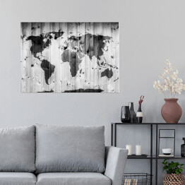 Plakat samoprzylepny Mapa świata narysowana na drewnianej ścianie