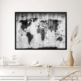 Obraz w ramie Mapa świata narysowana na drewnianej ścianie