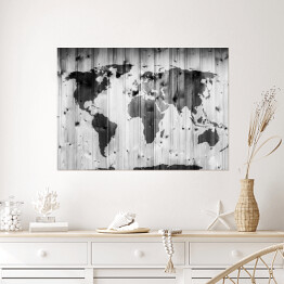 Plakat samoprzylepny Mapa świata narysowana na drewnianej ścianie