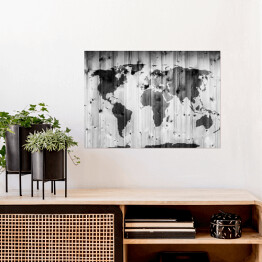 Plakat Mapa świata narysowana na drewnianej ścianie
