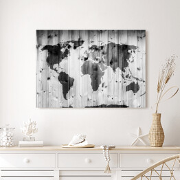 Obraz na płótnie Mapa świata narysowana na drewnianej ścianie