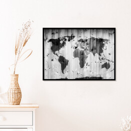 Plakat w ramie Mapa świata narysowana na drewnianej ścianie