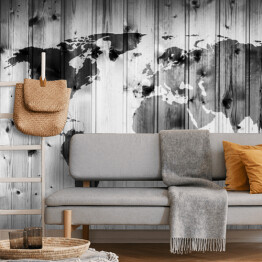 Fototapeta Mapa świata narysowana na drewnianej ścianie