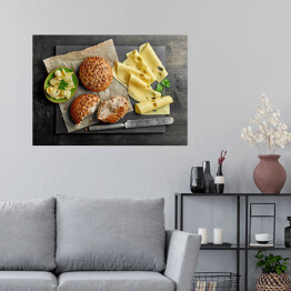 Plakat samoprzylepny Chleb i ser na drewnianej desce