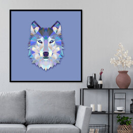 Plakat w ramie Głowa wilka z wielokątów - ilustracja w odcieniach koloru niebieskiego