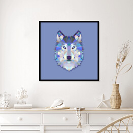 Plakat w ramie Głowa wilka z wielokątów - ilustracja w odcieniach koloru niebieskiego
