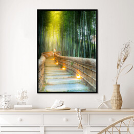 Plakat w ramie Arashiyama las bambusowy z podświetlonym mostkiem