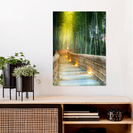 Plakat samoprzylepny Arashiyama las bambusowy z podświetlonym mostkiem
