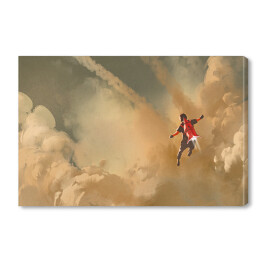 Chłopiec lecący w pochmurne niebo z rakietą