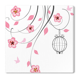 Obraz na płótnie Kwitnące kwiaty z różowymi ptaszkami i klatką