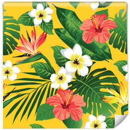 Tapeta samoprzylepna w rolce Egzotyczne kwiaty i liście na żółtym tle