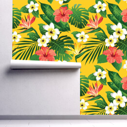 Tapeta samoprzylepna w rolce Egzotyczne kwiaty i liście na żółtym tle