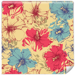 Tapeta samoprzylepna w rolce Niebieskie, beżowe i czerwone kwiaty hibiskusa na beżowym tle