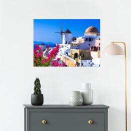 Plakat Wiatraki i roślinność na Santorini - Grecja