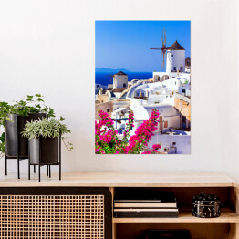 Plakat Piękna Grecja - tradycyjne wiatraki Santorini