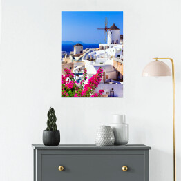 Plakat samoprzylepny Piękna Grecja - tradycyjne wiatraki Santorini