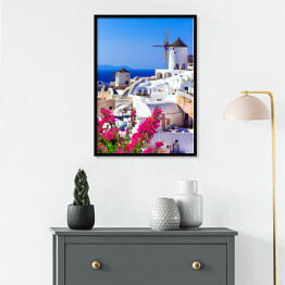 Plakat w ramie Piękna Grecja - tradycyjne wiatraki Santorini