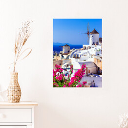 Plakat Piękna Grecja - tradycyjne wiatraki Santorini