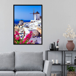 Plakat w ramie Piękna Grecja - tradycyjne wiatraki Santorini