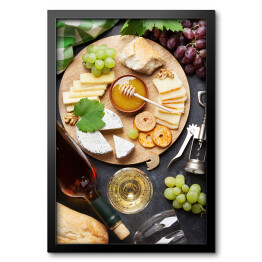 Obraz w ramie Wino, winogrona, ser i miód