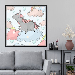Obraz w ramie Jednorożec między słodkimi chmurkami