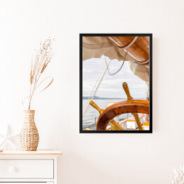 Obraz w ramie Drewniany koło na dużej żaglówce przy morzem
