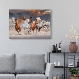 Obraz na płótnie Stado koni galopujących w pustynnym kurzu podczas zachódu słońca