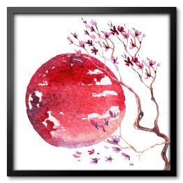 Obraz w ramie Japonia - kwiat wiśni i czerwone słońce