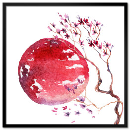 Plakat w ramie Japonia - kwiat wiśni i czerwone słońce