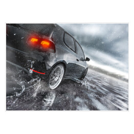 Plakat samoprzylepny Szybka jazda samochodem na mokrej drodze