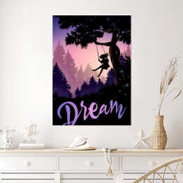 Plakat samoprzylepny Inspirująca ilustracja - dziewczyna na huśtawce przy drzewie