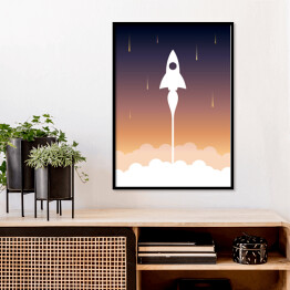Plakat w ramie Start rakiety na tle fioletowo pomarańczowego nieba
