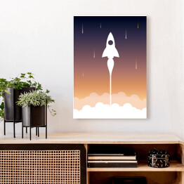 Obraz na płótnie Start rakiety na tle fioletowo pomarańczowego nieba