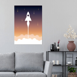 Plakat Start rakiety na tle fioletowo pomarańczowego nieba