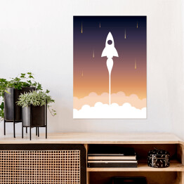 Plakat samoprzylepny Start rakiety na tle fioletowo pomarańczowego nieba