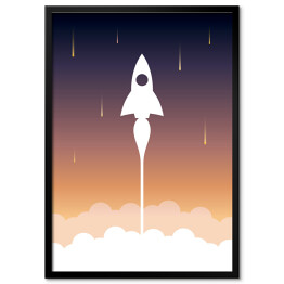 Plakat w ramie Start rakiety na tle fioletowo pomarańczowego nieba